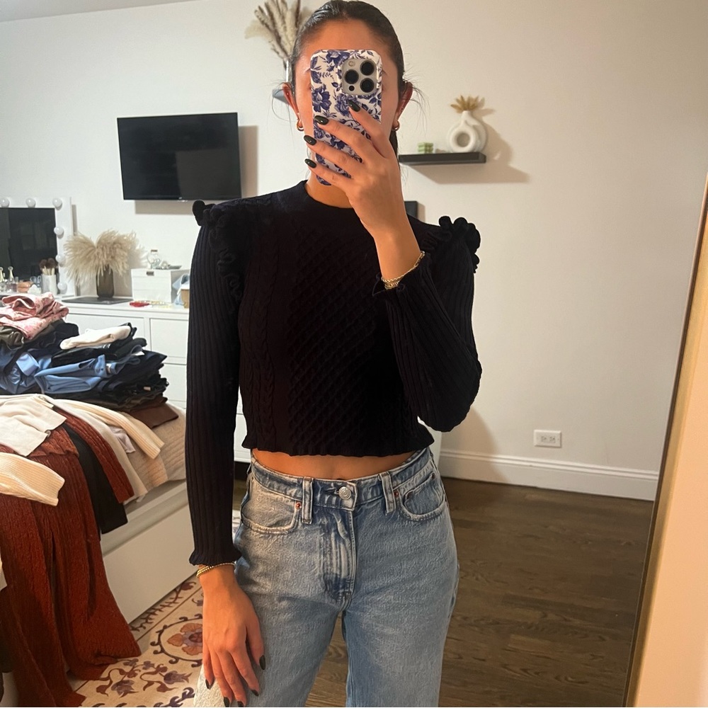 Something Navy navy ruffle sweater top with cable stitching